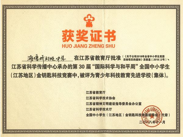 2018.11.第30届“国际科学与和平周”全国中小学生（江苏地区）金钥匙科技竞赛青少年科技教育先进学校（集体）.jpg