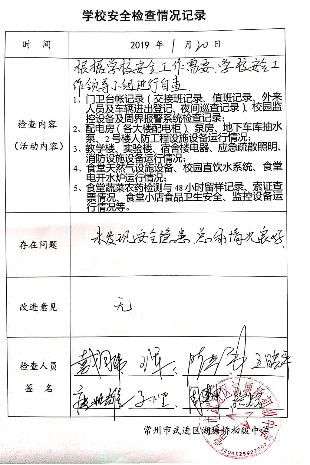 2019年1月学校安全检查情况记录（湖塘桥初级中学）.jpg