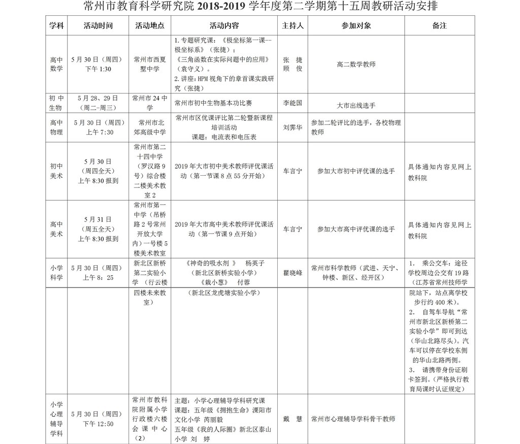 常州市教育科学研究院2018-2019学年度第二学期第十五周教研活动安排.jpg
