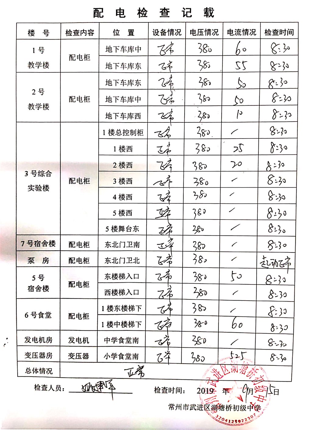 2019年9月配电检查记载（湖塘桥初级中学）.jpg