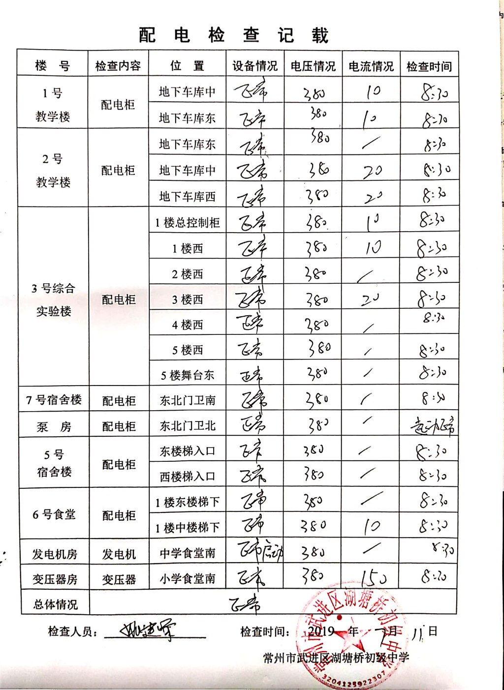 2019年7月配电检查记载（湖塘桥初级中学）.jpg