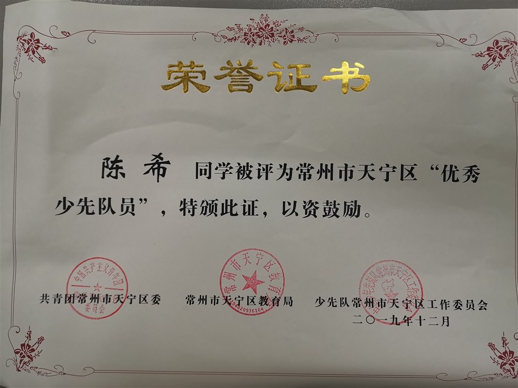 2019，12陈希同学荣获天宁区“优秀少先队员”称号.jpg