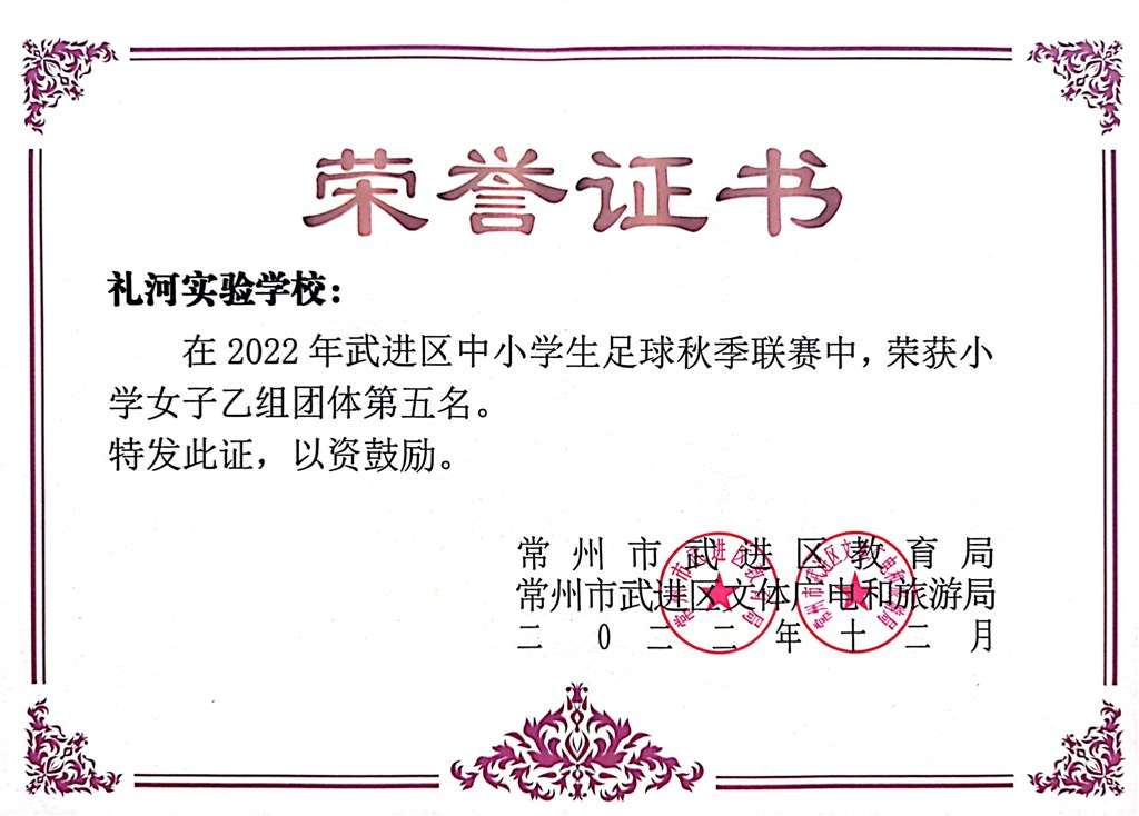 2022年武进区中小学生足球秋季联赛小学女子组团体第五名2022.12.jpg