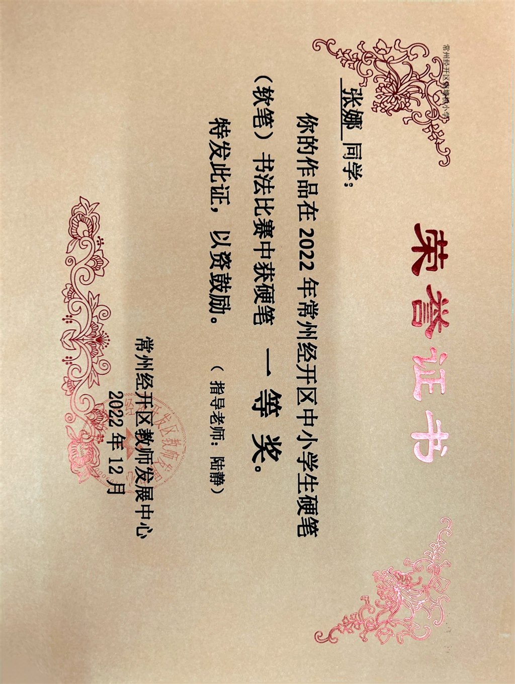张娜硬笔区一等奖.JPG