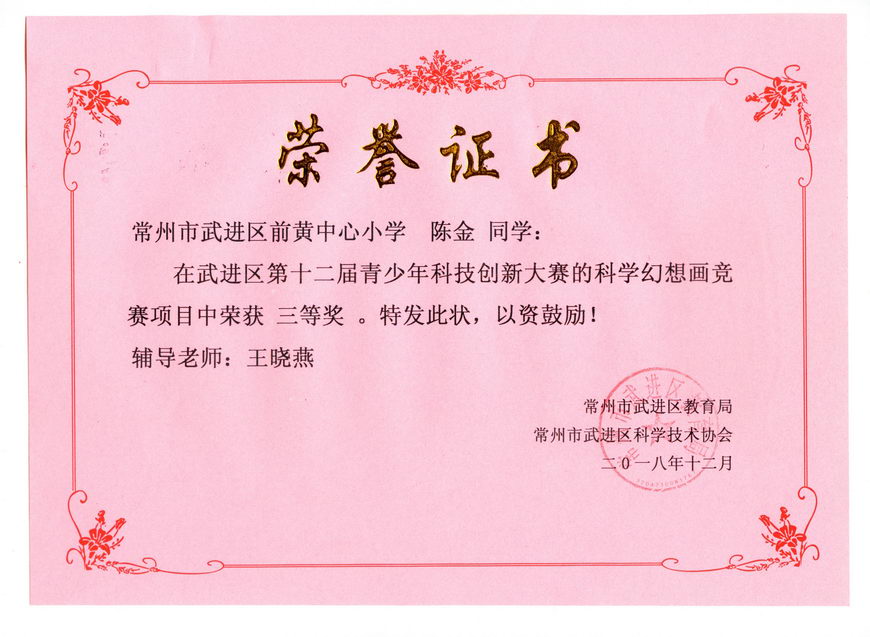 201812 2018年武进区创新大赛-科学幻想画获奖证书04 陈金