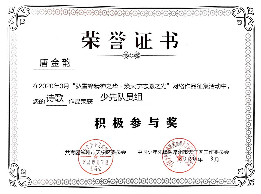 2020，03唐金韵同学在2020年3月“弘雷锋精神之华·焕天宁志愿之光”网络作品征集活动中，你的诗歌作品荣获少先队员组积极参与奖.jpg