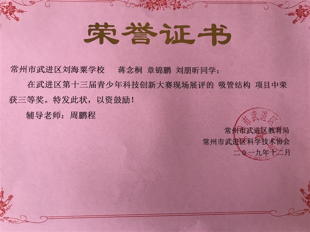 蒋念桐、章锦鹏、刘朋昕同学获第十三届青少年科技创新大赛现场类竞赛吸管结构三等奖！.jpg