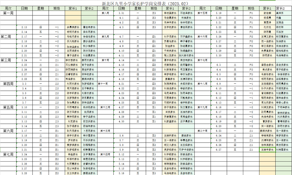 新北区九里小学家长护学岗安排表（2025.02）.png